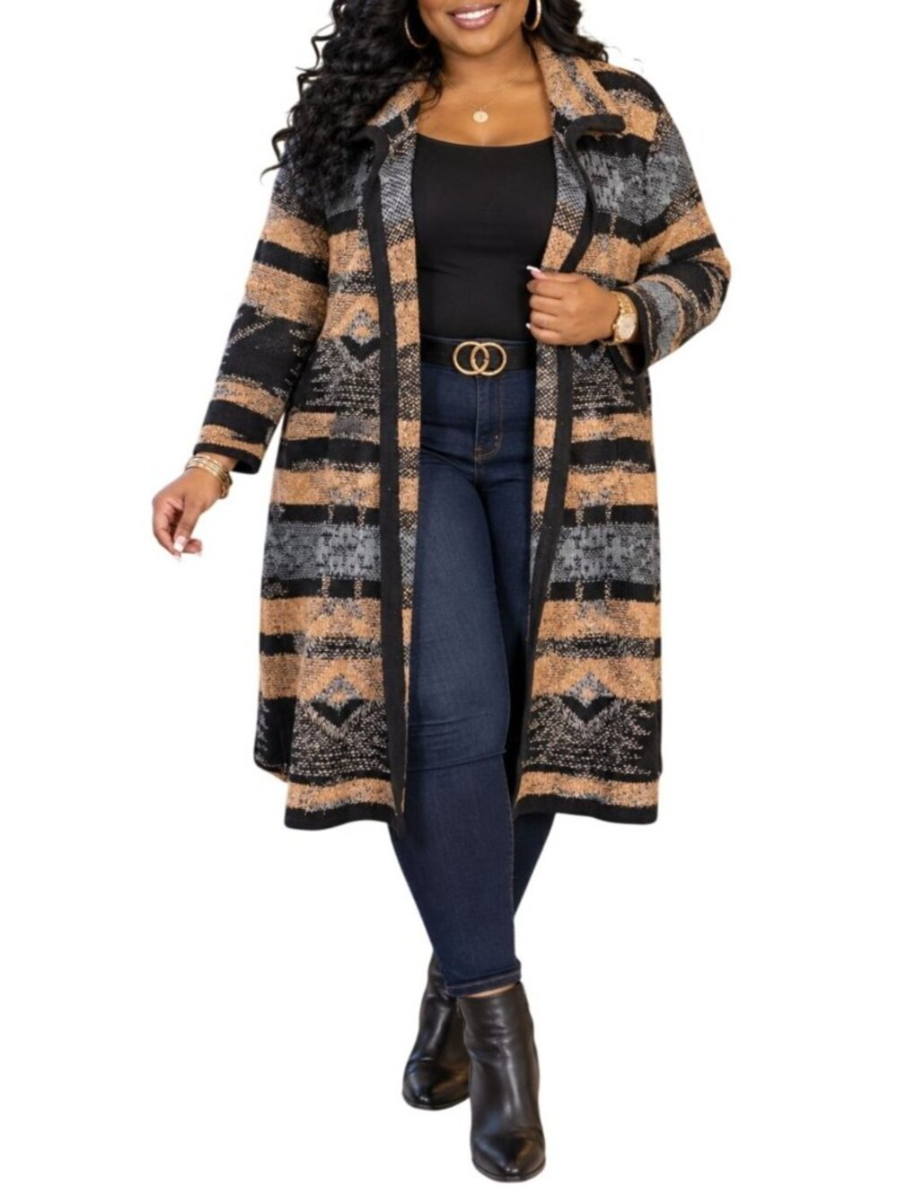 Cable & Gauge Size XL Open Front Cardigan Black Brown Textured Bohemian Knit